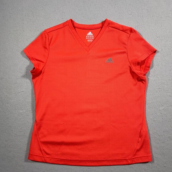 Adidas‎ Shirt Womens Medium Short Sleeve V Neck Training Top Gym Orange - Picture 1 of 9